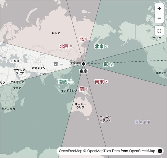 同じ日をメルカトルで塗った方位の地図。扇はまっすぐで、ニューヨークへの点線は真東へ伸びる